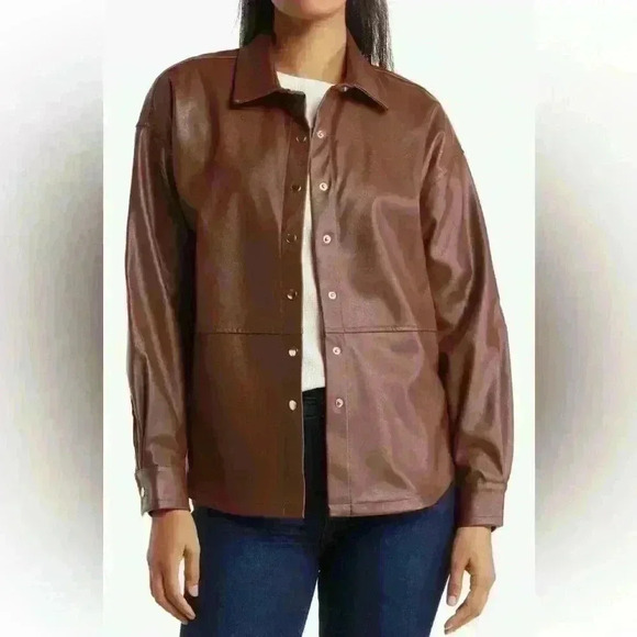 Wildfox Oversize Faux Leather Shirt Jacket in Chocolate Fondant Size Large NWT - Picture 1 of 8